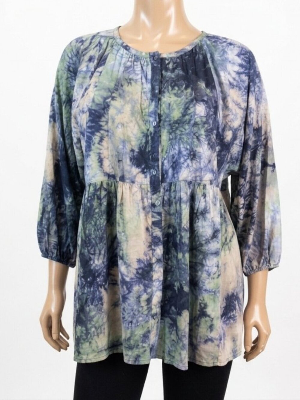 Cabi Woodstock Blue Green Tie Dye Linen Babydoll Top Tunic Size Medium